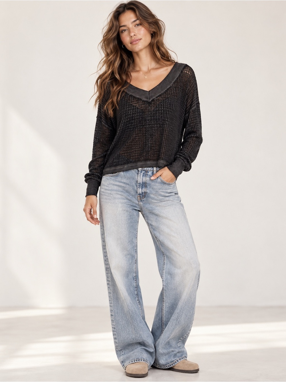 We The Free Black V-Neck Lightweight Knit Top